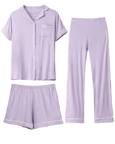 Image of Rnxrbb 3 Pieces Postpartum Nursing Pajamas Set Button up Maternity Breastfeeding Pjs Top Pants Sleepwear Clothes for Women,Light Purple L