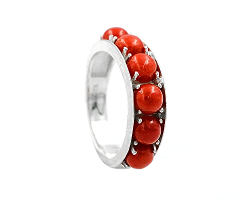 925 Sterling Silver Natural Red Coral Gemstone 5 MM Round Cab. May Birthstone Cluster Unisex Proposal Ring For Anniversary Gift (Rose Gold Rhodium Plated Silver, 6.5)