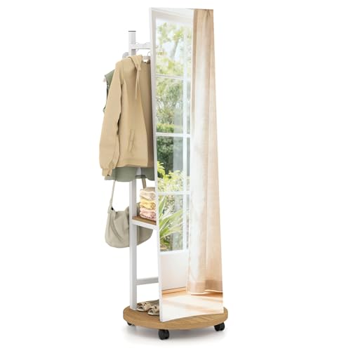 GIANTEX Miroir sur Pied avec Porte-Manteaux sur Pied, Porte-Vêtements avec Verre Incassable, Crochets, Étagères de Rangement, Roues Verrouillables, Grand...