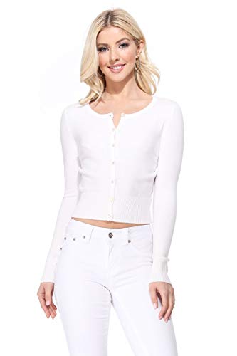 Image of Women's Cropped Cardigan Sweater - Long Sleeve Crewneck Basic Classic Casual Button Down Knit Soft Lightweight Top