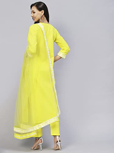 Image of GoSriKi Women's Cotton Blend Straight Embroidered Kurta with Pant & Dupatta