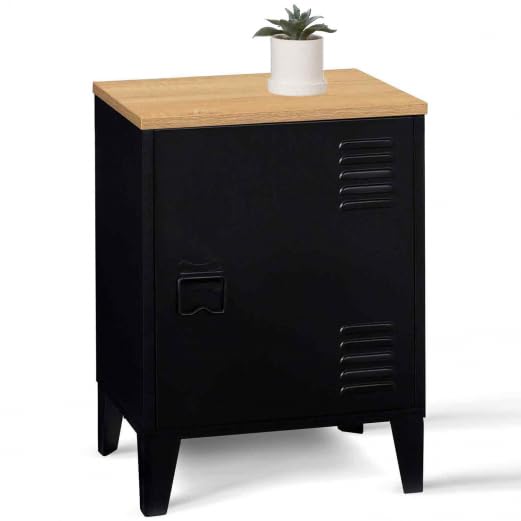 {Mesitas de Noche Originales Haya Mesitas de Noche Vintage IDMarket – Mesita de noche Ester con 1 puerta de metal, color negro, bandeja de haya, diseño industrial
