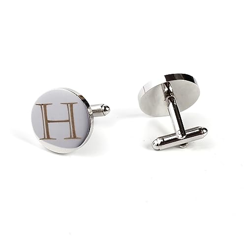 Image of Mens Initial Silver Cufflinks A-Z Alphabet Letter Steel Cuff Links with Engraved Walnut Wood Box Groom Groomsman Wedding Set
