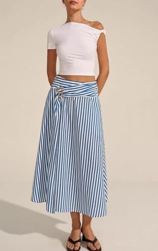 CHARTOU Women Summer Stripes Maxi Skirt Cross High Waist Metal Button Flowy A Line Skirt2