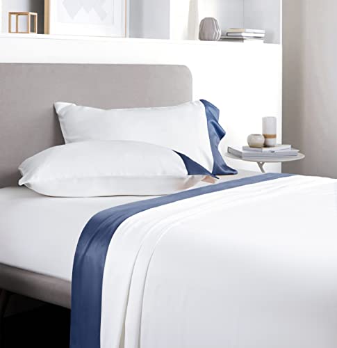 Mildly Cooling Sheets Set - 100% Pure Rayon Made From Bamboo, Up To 16" Deep Pockets Bed Sheets, 4 Piece Breathable Luxury Silky Soft Hotel Bedding Sheet & Pillowcase Sets (King, White & Navy Blue) #TOP12