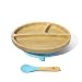 Avanchy Toddler Baby Feeding Suction Plate + Soft Tip Silicone Spoon Babies Set | Divided Bamboo Stay Put Plates | BPA Free | Baby Shower Gift | Fits Most Eating Highchairs | 8.5 × 7.5 2.5”- Blue