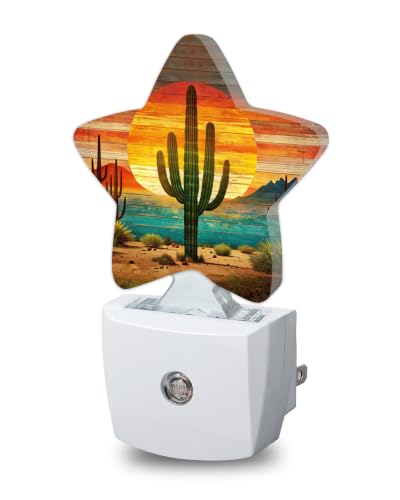 Image of Tropical Cactus Star Night Light Plug in, Decorative Night Light for Kids Room Nursery Bedroom, Soft Glow Sensor Lamp for Hallway Bathroom, Compact Energy Saving