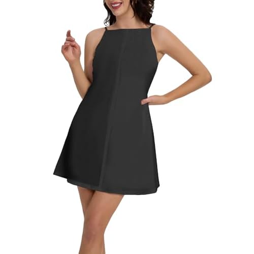 FANCYINN Women’s Halter Neck A-Line Mini Dress with Pockets Adjustable Spaghetti Strap Backless Elegant Date Night Dresses Black X-Small