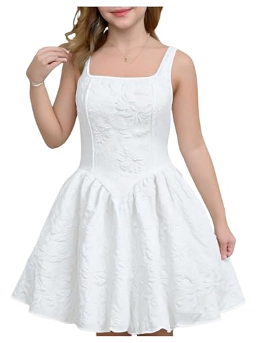 Girl's Floral High Waisted A Line Dress Square Neck Sleeveless Pleated Midi Tank Dresses