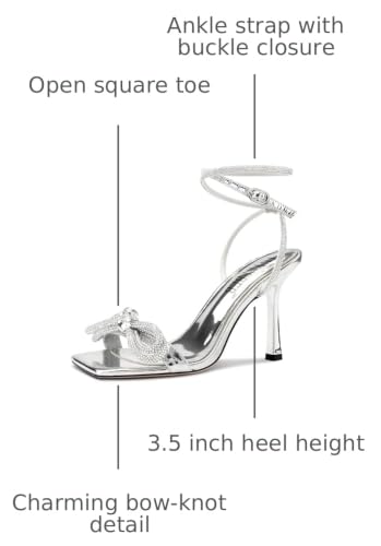 Image of TNYNFBEB Womens Stiletto High Heel Open Square Toe Sandals Ankle Strap Two-Piece Buckle Rhinestone Crystal Bow-knot Prom Dress Summer 3.5 Inches Heels