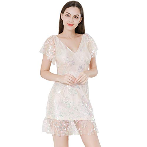 Image of ROYAL SMEELA Sequin Dresses for Women Mini Cocktail Dress Ruffle Sleeve V Neck Glitter Party Dresses for Women Evening