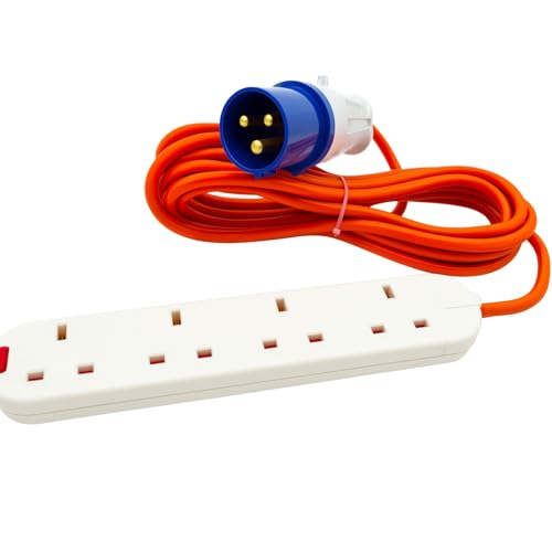 16A to 13A Extension Lead 5 Metres Camping Electric Hook Up Cable with UK 3-Pin Plug Sockets 240V Mains Lead for Caravans Motorhomes Catering Trailers & Generators 3-Pin Blue Plug