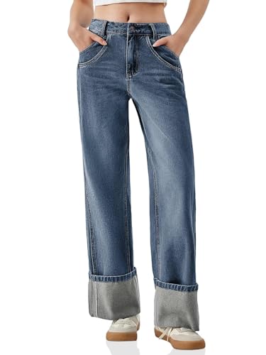 PLNOTME Womens Baggy Jeans Boyfriend Wide Leg Trendy Casual Mid Rise Cuffed Hem Denim Pants with Pockets
