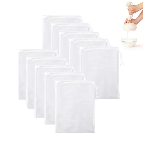MFCGHXR Lot de 10 Sacs à Lait Végétal Réutilisables 20x30cm en Mousseline Alimentaire – en Nylon Bio avec Cordon de Serrage – pour Fromage, Jus de Fruits, Café, Jus de Légumes, Étainement Alimentaire