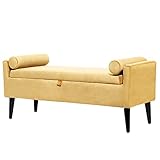 OuchTek 47' Velvet Bedroom Bench Accent Cushioned Bench with Storage Modern Upholstered Ottoman Bench for Bedroom End of Bed Bench with Arms and 2 Pillows, Yellow