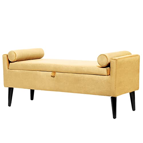 Ouchtek 47" Velvet Bedroom Bench Accent Cushioned Bench With Storage Modern Upholstered Ottoman Bench For Bedroom End Of Bed Bench With Arms And 2 Pillows, Yellow #TOP4