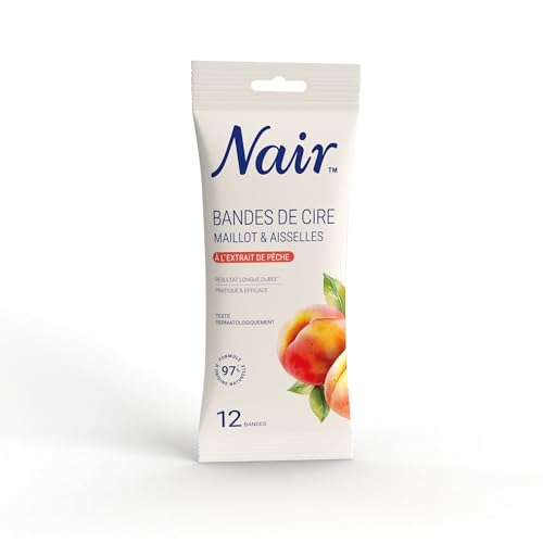 NAIR - Bandes De Cire Maillot & Aisselles, à l'Extrait de Pêche, Peaux Sensibles, Sachet Nomade 12 Bandes