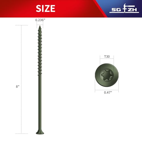 Image of #14 x 8 Inch Deck Screws (17Pcs) 1lb. Exterior Wood Screws. Carbon Steel, Green, Flat Head, Rust Resistant epoxy Coated, with T30 Star Bit