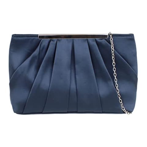 Girly Handbags Womens Satin Pleated Top Frame Clutch Bag Large Navy Cover