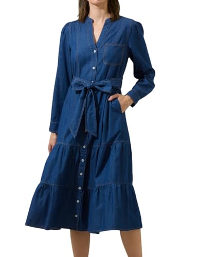 Women Casual Long Denim Dress Babydoll Ruffle Long Sleeve Button Down Jean Shirt Midi Dresses with Belt