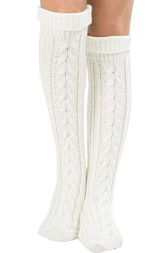 Zinmuwa Mujeres Calcetines De Bota Hasta La Rodilla Calcetines Knit Twist Calentadores Calientes Blanco One Size
