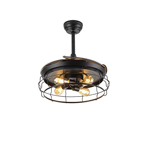 Ceiling Fan with Light Industrial Ceiling Light Retractable Blades Vintage Cage Chandelier Fan with Remote Control (36 Inch)
