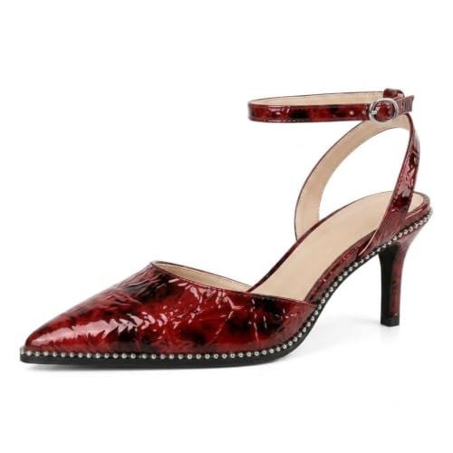 Image of SAMMITOP Kitten Heels for Women Low Heel Closed Toe Ankle Strap Pumps Wedding Party Beaded Dress Shoes 2.4 Inch