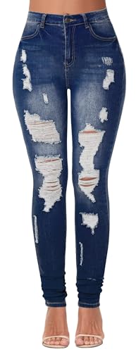 AMRSPENG Women's Ripped Jeans High Waisted Distressed Jeans for Women Stretch Denim Pants