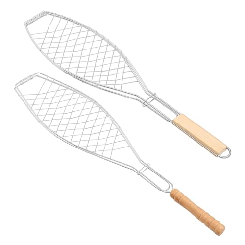 Yardwe 2Pcs Net Rack Fish Barbecue Clip Durable Iron Grill Basket with Wooden Handle for Outdoor Grilling for Fish and Bread Cooking Easy to Clean and Store