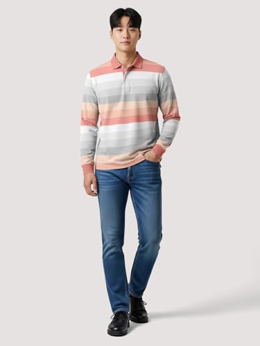Image of BULLMER White Striped Printed Polo Neck Fullsleeve Tshirt with Rib for Men.