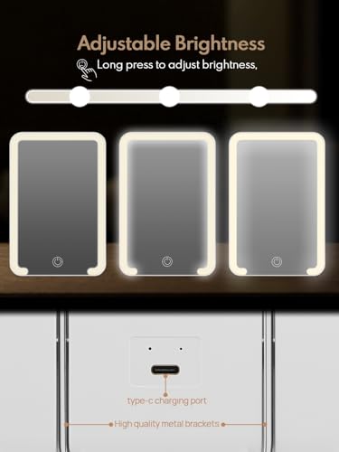 Qislee Travel Makeup Mirror with Lights, 3 Color Modes, 8 x 5 inches Desk Mirror with Foldable Stand, Touch Dimming, Perfect Travel Accessory, White