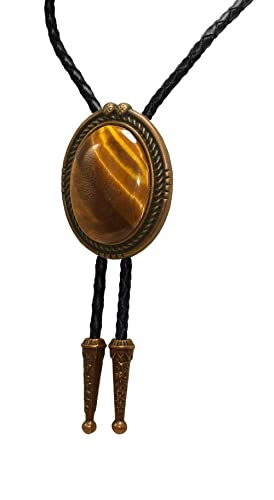 Image of Moranse Bolo Tie with Natural Tiger Eye Stone Celtic Style Genuine and Cowhide Rope