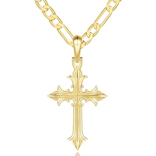 Cross Necklace for Men 14K Gold Cross Necklace for Men Gold Crosses Chain Necklaces for Mens Paired with Figaro Chain Mens Crosses Necklaces Pendant 18/20/22/24/26in