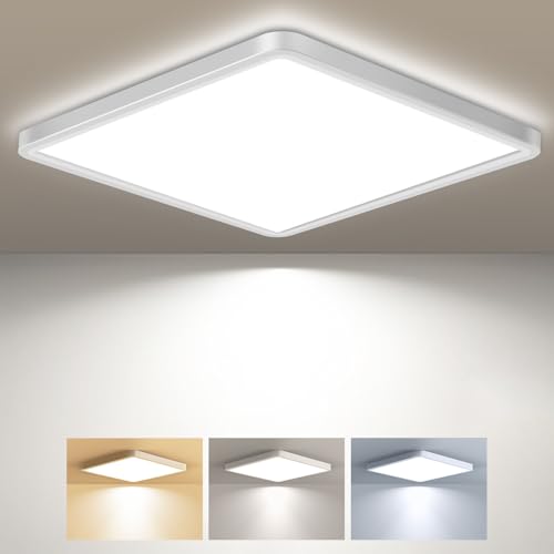 zemty Deckenlampe LED Deckenleuchte Flach, 3Farben - 3000K/4000K/6500K, IP44 Wasserfest Quadrat Badlampe Decke, 2800LM Modern LED Decklit für Flur küche Badezimmer Schlafzimmer Büro,Ø29CM
