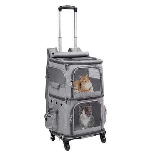 猫 バッグ リュック 多機能 猫 2 匹 キャリー キャスター付き 小型 犬 キャリー カート 2段式 ペット ネコ の トロリーバッグ 大容量 通気性 旅行/通院/交通機関/災害避難用 グレ (グレー, 取り外し可能なリュックスタイル)(Gray)