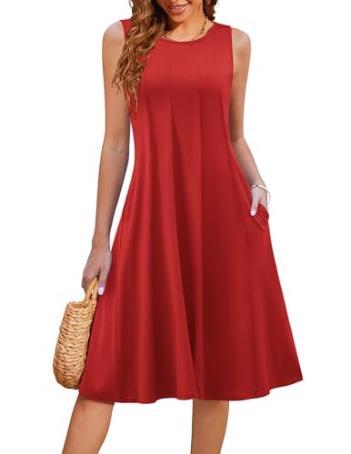 Image of HOTOUCH Summer Casual Dresses for Women Sleeveless Midi Dress Swing Tank Sundress Pleated Tshirt Dress with Pockets