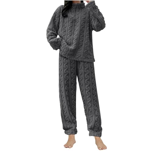 Schlafanzug Damen Winter Thermo Pyjama Set Fleece Hausanzug Kuschelig Warmer Flanell Pyjama Nachtwäsche Zweiteiler Flauschig Lounge Anzug mit 1/4 Zip Sweatshirt und Hose...