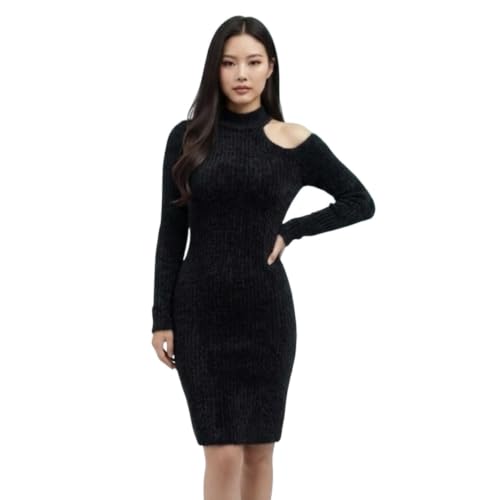 Image of Women Ribbed Knit Bodycon Dress with Asymmetrical Cut Out Neckline Premium Boutique Single Piece Long Sleeve Winter Midi Dress Unique One of One Limited Availability Grey