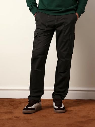 Image of Vogaan Men Solid Relaxed Fit Cotton Blend Cargo Trousers with Utility Pocket