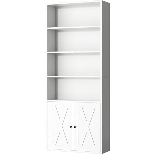 Shintenchi Bookshelf, Industrial Bookshelves and Bookcases with Doors Floor Standing 6 Shelf Display Storage Shelves 70.6 inches Tall Bookcase for Home Office, Living Room (White)
