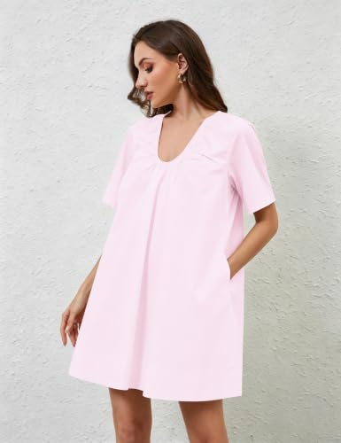 Image of OLAPTA Women Summer Sleeveless Babydoll Mini Tank Dresses Loose Fit Scoop Neck Ruched Short Dress with Pockets Party Clubwear