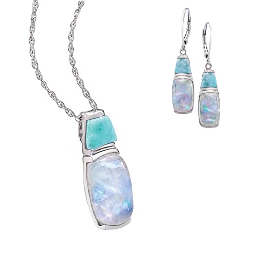 Stauer Larimar & Moonstone Necklace And Earring Set – Pendant Necklace & Dangle Earrings For Women W/Genuine Gemstones – .925 Sterling Silver Jewelry Set – Rare Moonstone & Larimar Jewelry #TOP22