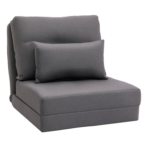 HOMCOM 2 in 1 Schlafsessel Klappbar Schlafsofa mit Bettfunktion Verstellbarer Rückenlehne Kissen Gästebett in Leinenoptik Klappsessel Sessel für Wohnzimmer Schlafzimmer 60 x 80 x 56 cm Dunkelgrau