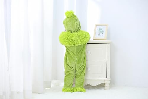 Suolongsama Infant Baby Boy Girl Christmas Outfit Hooded Zipper Jumpsuit Romper Furry Green Monster Xmas Clothes3