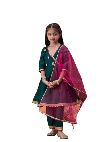 Pspeaches Girl's Silk Kurta Set (Ks-Greentafeta-4-5Y_Green