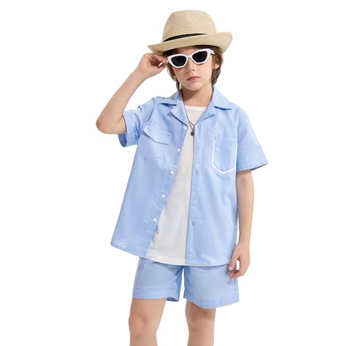 LOLANTA Boys Cotton Linen Shorts Set, Kids Summer Outfit Short Sleeve Button Down Shirt and Shorts, Breathable Casual 2-Piece Clothing Set for Boys(Blue, 5-6 Years, 120)