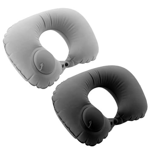 2Pcs Inflatable Travel Pillow Press Automatic Inflatable Travel Neck U Shape Portable Pillow Neck&Head Support Christmas Thanksgiving for Sleeping, Airplane,Train, Car, Office, Camping (Grey/Black)