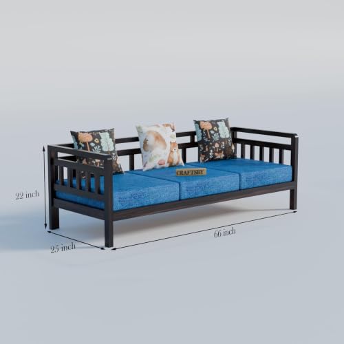 Image of Solid Sheesham Wood 5 Seater Sofa Set Without Centre Table for Living Room | Wooden 3+1+1 Five Seater Sofa Set with 5 Cushions | Modern Sofa Set for Home, Office & Lounge| Blue, Walnut Finish