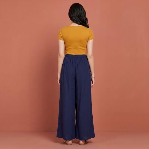 Image of FASHION GALLERY Women's Solid Rayon Palazzo Pants | Relaxed Fit Full Length Wide Leg Palazzo | Elastic Waist Comfortable Casual Lounge Office Ethnic Flared Trousers for Women