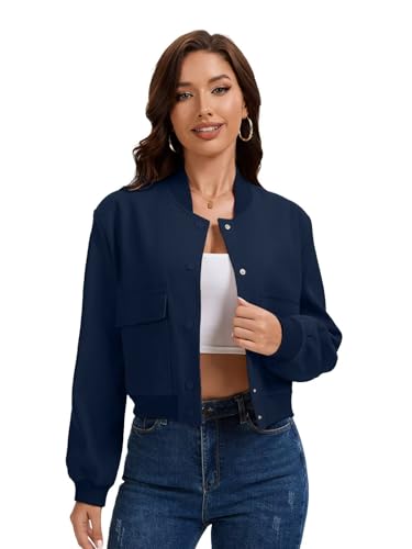 imbpceu Women Bomber Jacket Casual Long Sleeve Button Down Varsity Jackets with Pockets2